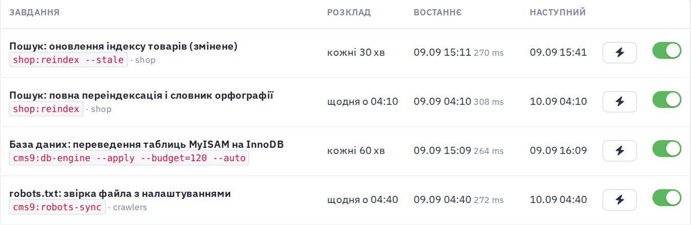 Планувальник ECMS9 із завданням «База даних: переведення таблиць MyISAM на InnoDB»